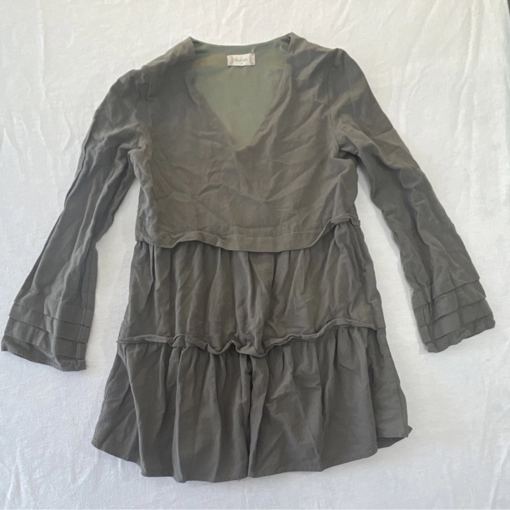 Altar’s state V-Neck Tiered Long Sleeve Tunic mini dress XS Olive forest Green
